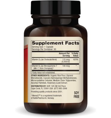 Vitamina D3 (5,000 IU) y K2 (180 mcg). 30 caps.