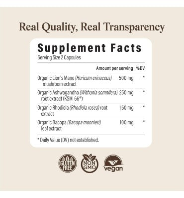 "Real Clarity"; Hongos Orgánicos Lion`s Mane, Ashwagandha, Rhodiola y Bacopa. 60 caps