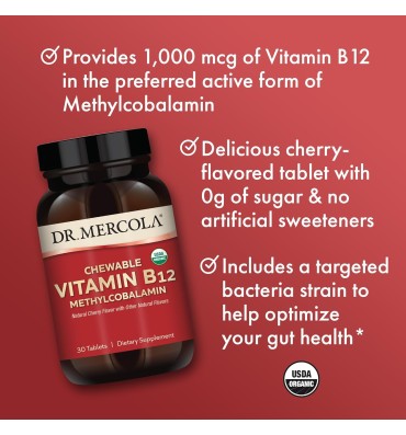 Vitamina B12, orgánica, masticable, sabor Cereza. 30 tabs.