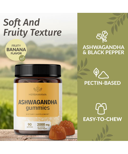 Herbamama, Ashwagandha con Pimienta Negra sabor Plátano. 90 gomitas