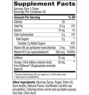 Thinker Brainy Energizante, Cafeína, B12 y Omega 3. 20 Chews
