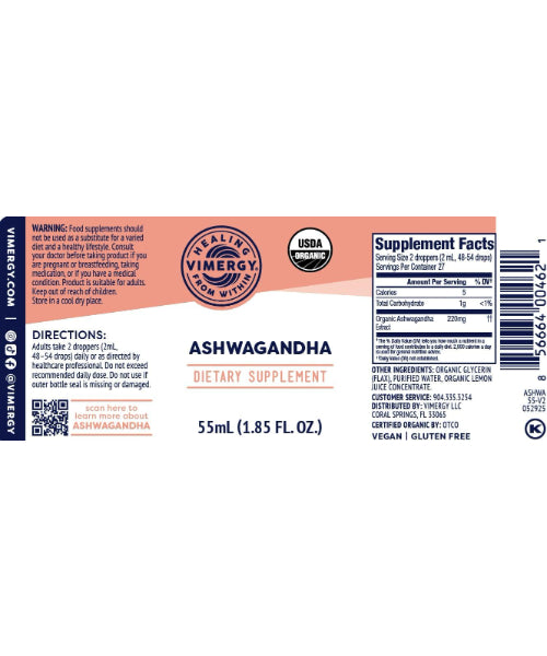 Vimergy Extracto líquido de Ashwagandha orgánico. 55 y 115 ml.