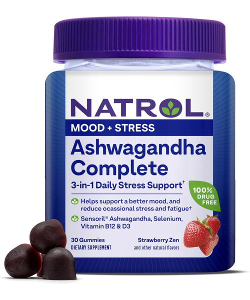 Natrol, Ashwagandha con Vitamina B12 y D3 sabor Fresa. 30 gomitas