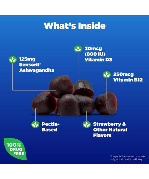 Natrol, Ashwagandha con Vitamina B12 y D3 sabor Fresa. 30 gomitas
