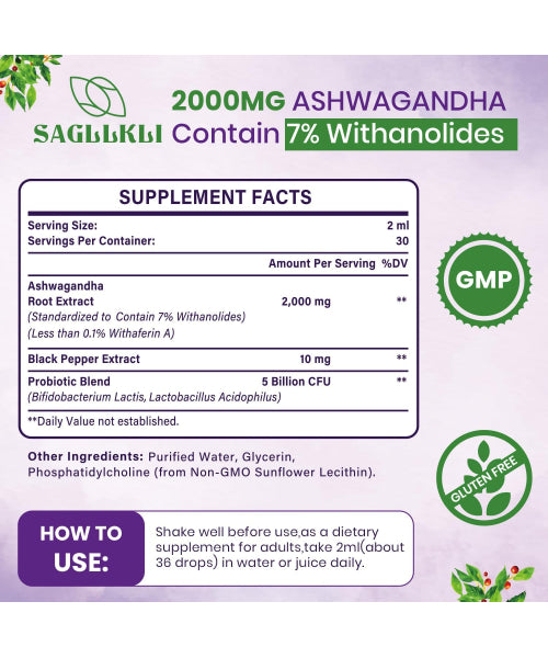 Saglikli, Extracto de Raíz de Ashwagandha con Pimienta Negra,  líquida. 60 ml.