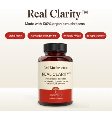 "Real Clarity"; Hongos Orgánicos Lion`s Mane, Ashwagandha, Rhodiola y Bacopa. 60 caps