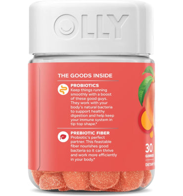 OLLY, Prebiotic and Probiotic, soporte sistema Digestivo sabor Durazno. 30 y 60 gomitas