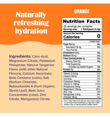 Electrolitos Veganos Sin Azúcar, Sin Calorías, sabor Naranja.