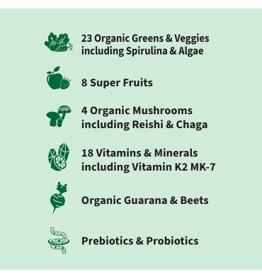 Organic Greens con Hongos, Pre y Probióticos y Vitaminas sin sabor 270 gr.