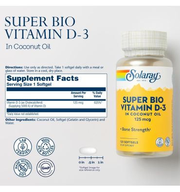 Vitamina D3 en Aceite de Coco, 5000 IU, 120 softgels.