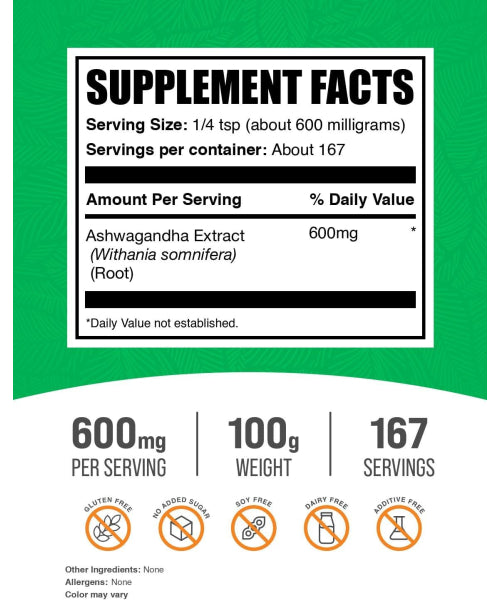 Bulksupplements, Extracto de Ashwagandha en Polvo. 100, 250, 500 y 1000 mg