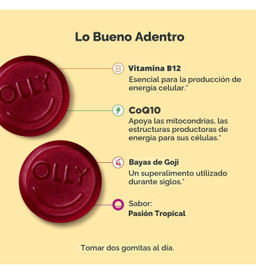 Olly, Soporte para la actividad física, sin cafeína, sabor frutas tropicales. 60 gomitas