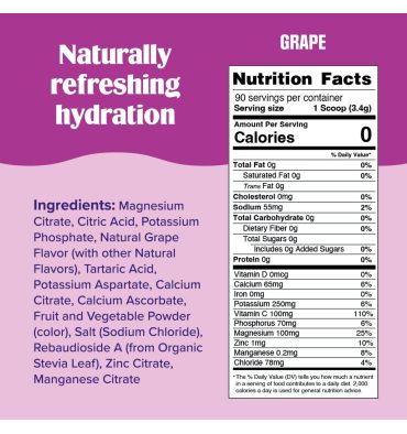 Electrolitos Veganos Sin Azúcar, Sin Calorías, sabor Uva. 90 serv.