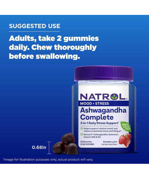 Natrol, Ashwagandha con Vitamina B12 y D3 sabor Fresa. 30 gomitas