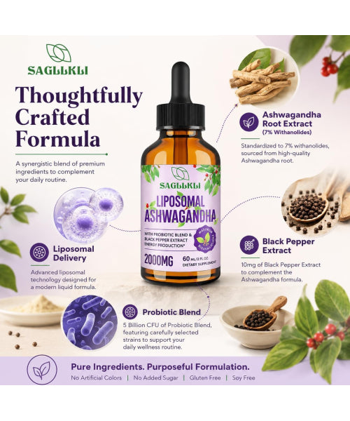 Saglikli, Extracto de Raíz de Ashwagandha con Pimienta Negra,  líquida. 60 ml.