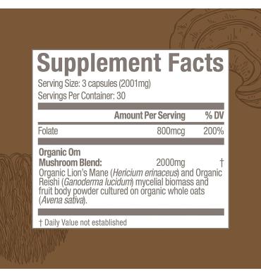 Mezcla de Hongos Orgánicos Brain Fuel, Melena de León, Reishi y Folato. 90 caps.