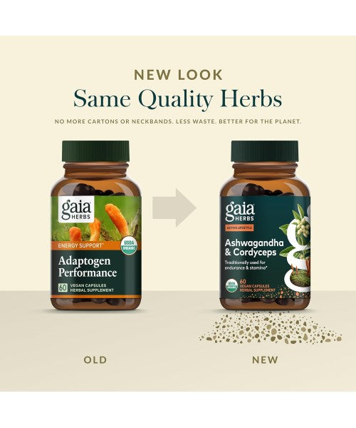 Gaia Herbs, Raíz de Ashwagandha y Hongo Cordiceps Orgánico. 60 Vcaps
