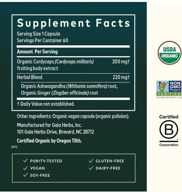 Gaia Herbs, Raíz de Ashwagandha y Cordiceps Orgánico. 60 Vcaps