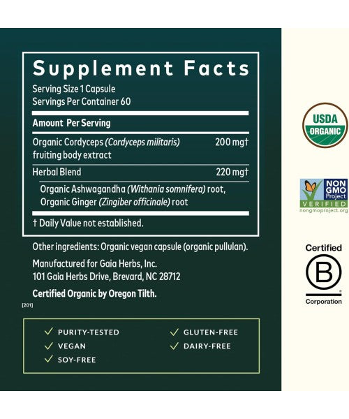 Gaia Herbs, Raíz de Ashwagandha y Hongo Cordiceps Orgánico. 60 Vcaps