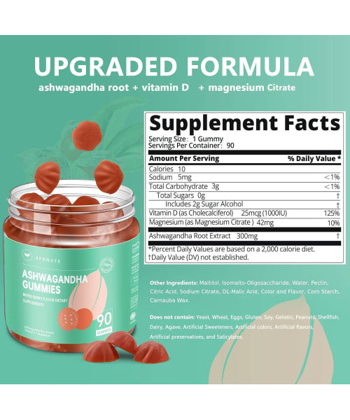 AFXMATE, Ashwagandha con Magnesio sabor Moras.  90 gomitas