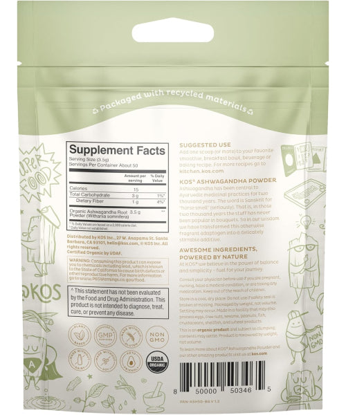 KOS, Polvo de Ashwagandha Orgánica. 175 gr