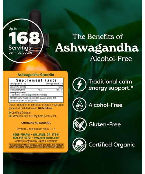 Herb Pharm, Raíz de Ashwagandha Orgánica, líquida. 30 y 120 ml.