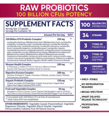 Probióticos RAW Orgánicos para Mujer 100 billion, 30 caps