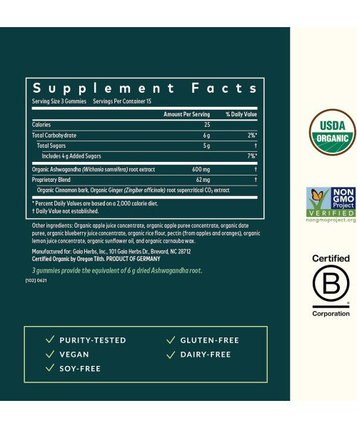 Gaia Herbs, Ashwagandha sabor manzana y canela. 45 y 81 gomitas