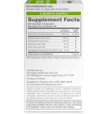Himalaya, Ashwagandha, Bacopa y B12, soporte Claridad Mental . 60 Vcaps