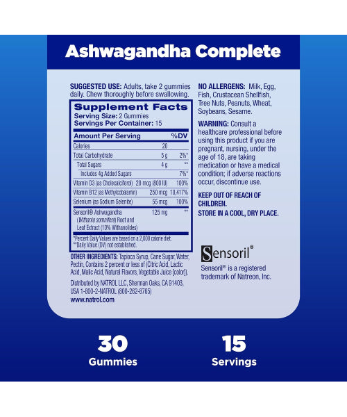 Natrol, Ashwagandha con Vitamina B12 y D3 sabor Fresa. 30 gomitas