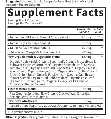 Vitamina K RAW Vegana. Huesos, Corazón. 60 Vcaps