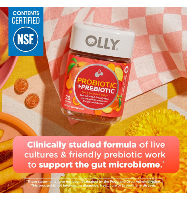 OLLY, Prebiotic and Probiotic, soporte sistema Digestivo sabor Durazno. 30 y 60 gomitas
