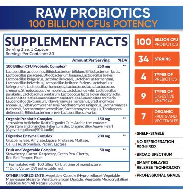 Probióticos RAW Orgánicos para Hombre 100 billion, 30 caps