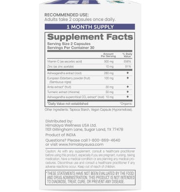 Himalaya, Ashwagandha soporte Inmune, Zinc y Vitamina C. 60 Vcaps