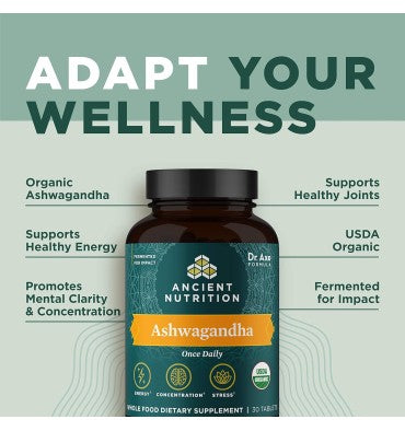 Ancient Nutrition, Ashwagandha Orgánica Fermentada. 30 Tabs