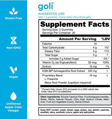 Goli, Ashwagandha KSM-66 sin Azúcar, L Theanina y Maca. 60 Gummies