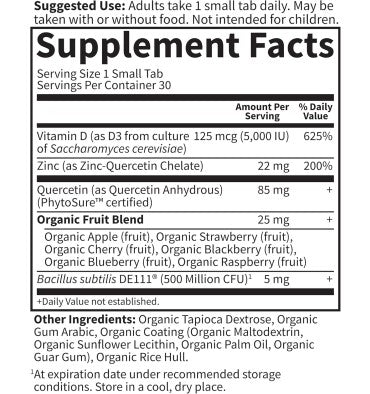 Quercetina, Vitamina D3 (5000 iu) y Zinc. 30 Vtabs