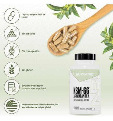 Nutrabio, Ashwagandha KSM 66 600 mg. 2 tamaños