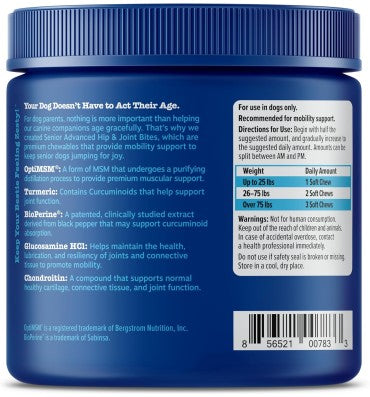 Senior Advanced Mobility Joint. Supplemento con Glucosamina, Chondroitina y MSM, Vitamina C y E, sabor Pollo.90 chews