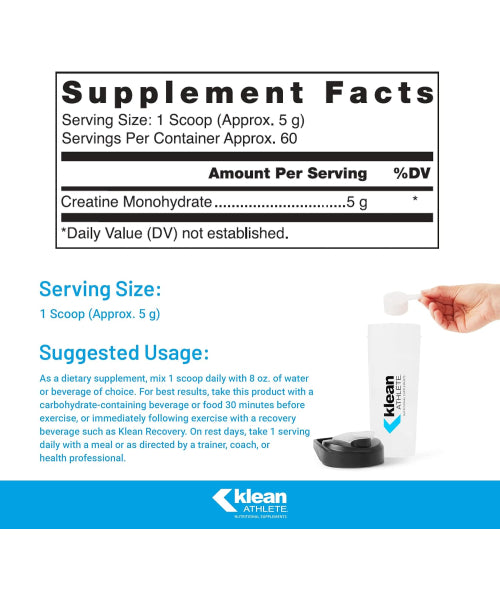 Klean Athlete, Creatina Monohidratada en polvo NSF Certified for Sport. 325 gr