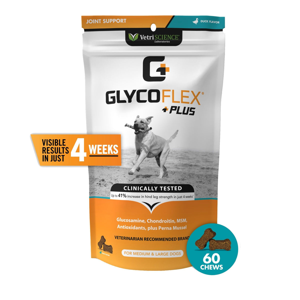 VetriScience GlycoFlex Plus Ultimate Strength perros medianos y grandes, sabor pato 60 masticables, imagen Chewy exacta
