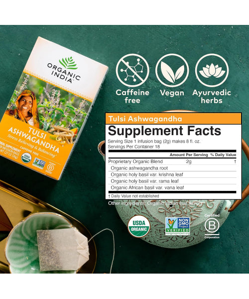 Organic India, Té de Hierbas Tulsi Ashwagandha Orgánico. 54 bolsitas