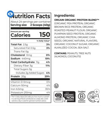 Proteína Simple, Orgánica, Vegana sabor Chocolate y Crema de Cacahuate. 997 gr.