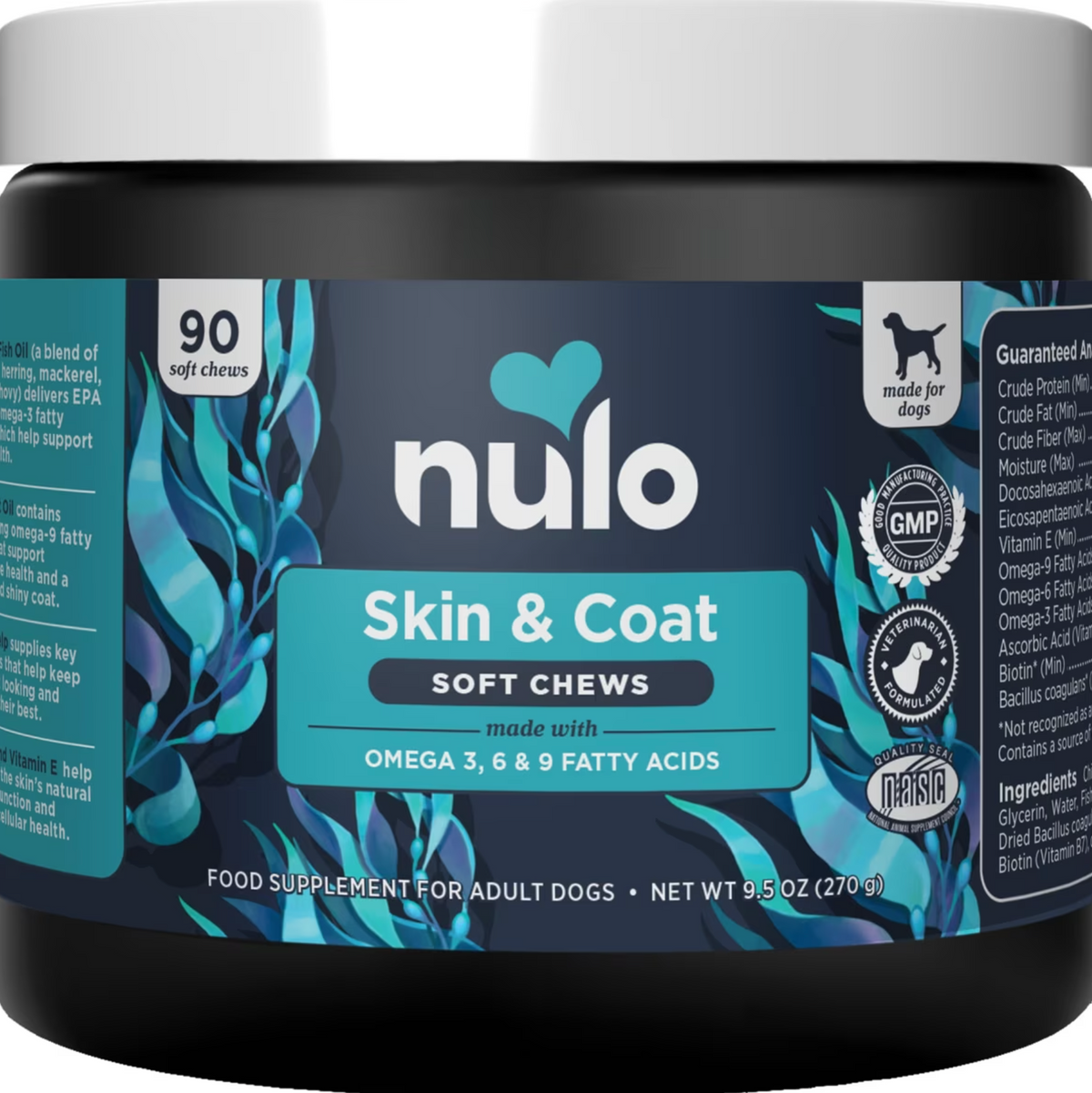 Nulo, Skin & Coat Soft Chews, Aceite de Pescado + Coco + Kelp + Biotina + Vitaminas C y E para Piel y Pelaje, sabor Coco, Perros, 90 masticables