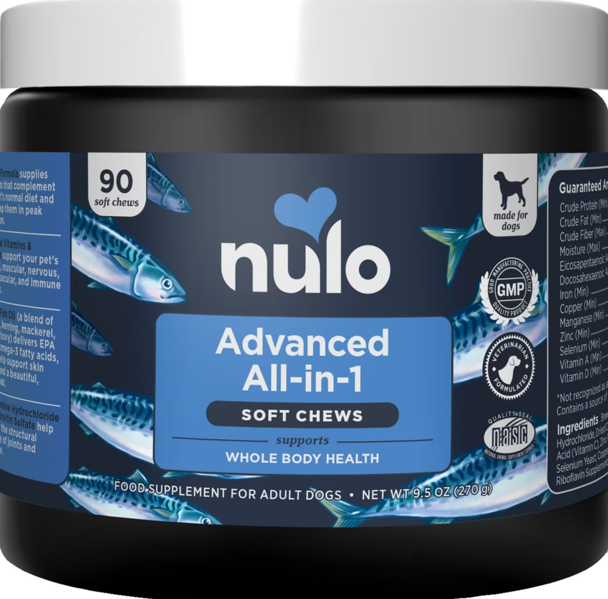 Nulo, Advanced All-in-1 Soft Chews, Glucosamina + Condroitina + Aceite de Pescado + Vitaminas + Minerales + Probióticos para Bienestar Integral, Perros, 90 masticables