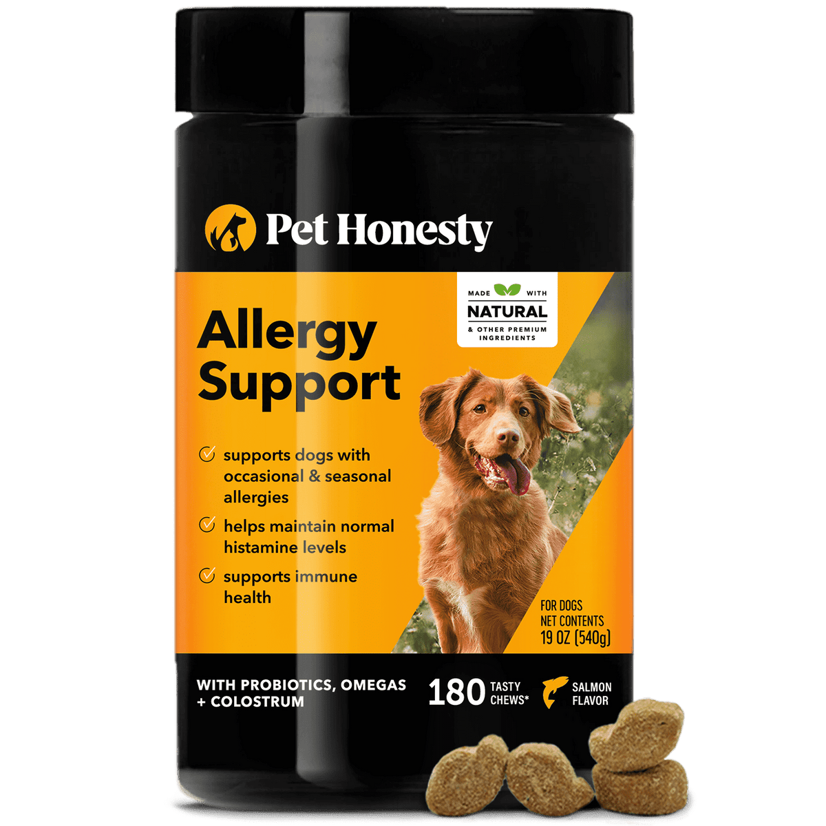Pet Honesty Allergy Support para perros, salmón, un bote de 180 masticables, SKU PH-363419