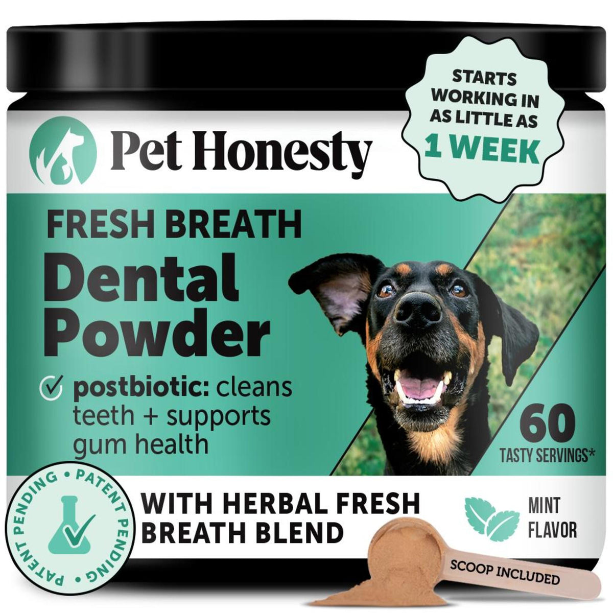 Pet Honesty Fresh Breath Dental Powder para perros, sabor Menta, 60 medidas, envase de 298 g, Chewy ID 1612494.