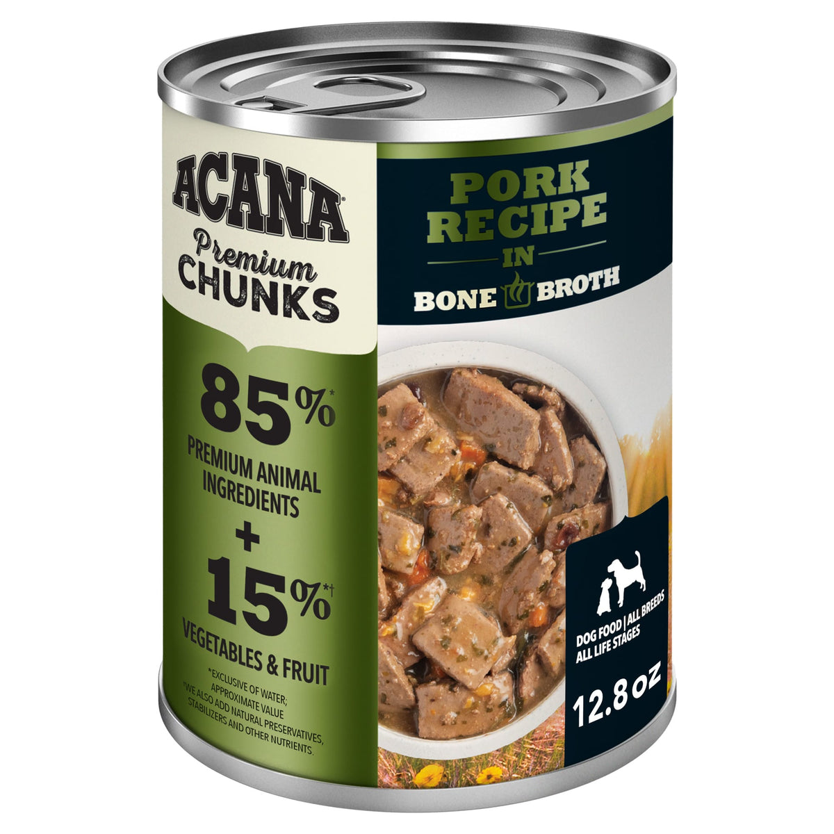 ACANA Premium Chunks Pork Recipe en caldo de huesos, lata de 363 g, caja de 12 latas