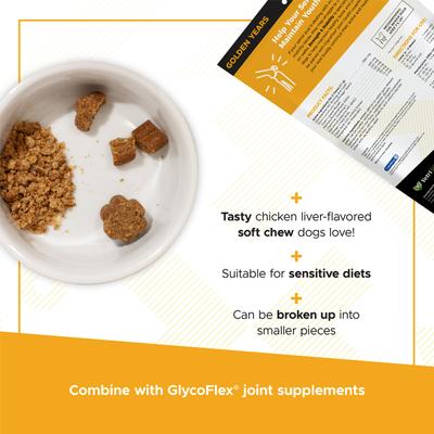 Suplemento masticable Golden Years con sabor a pollo para fortalecer y estabilizar las articulaciones de perros mayores, 60 unidades