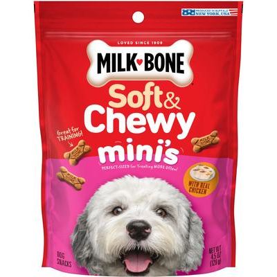 Minis suaves y masticables hechos con pollo real. Premios suaves y masticables para perros, bote de 18 oz.